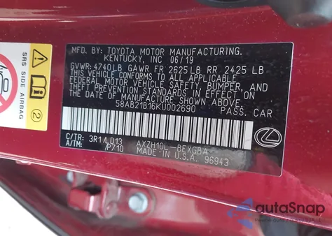 2019 Lexus Es 300H from USA, damaged, VIN 58AB21B16KU002690